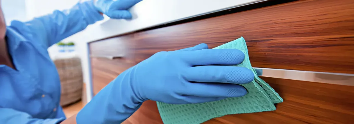 Cleaner wearing blue gloves wiping a wooden cabinet drawer with a microfiber cloth for dust and grime removal, Tacoma, WA.