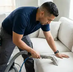 Professional upholstery cleaning technician using an extraction wand to deep-clean a fabric sofa, Tacoma, WA.